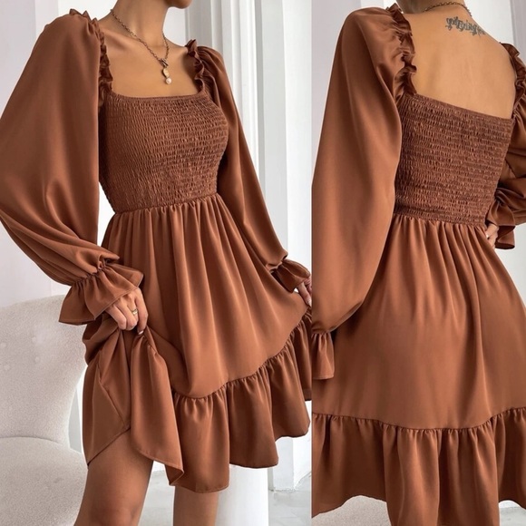Shirred bust square neck long sleeve mini dress ruffle boho camel brown rust - Picture 1 of 11